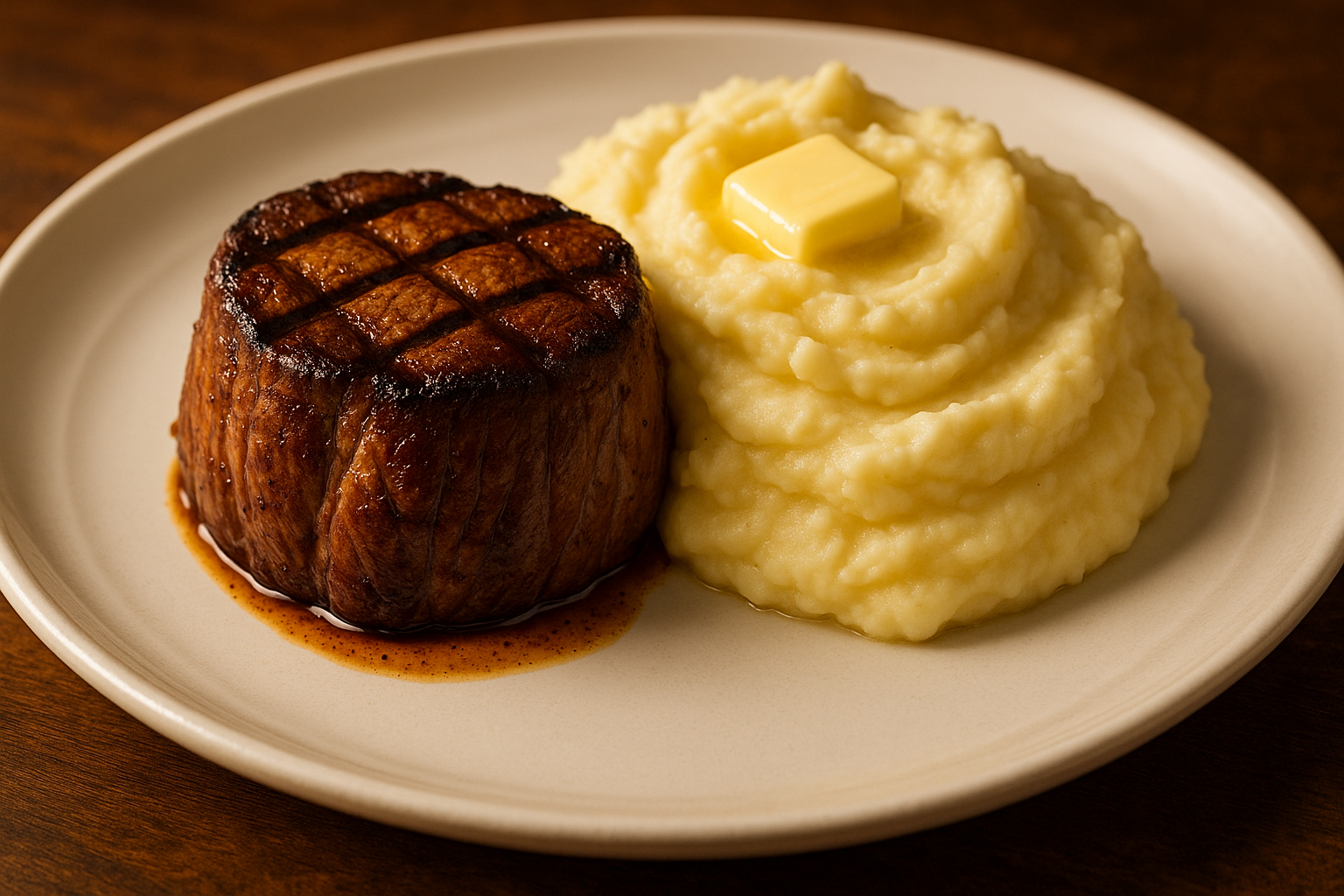 Filet Mignon Perfectly cooked filet mignon with a side of our creamy and delicious mash potatoes.